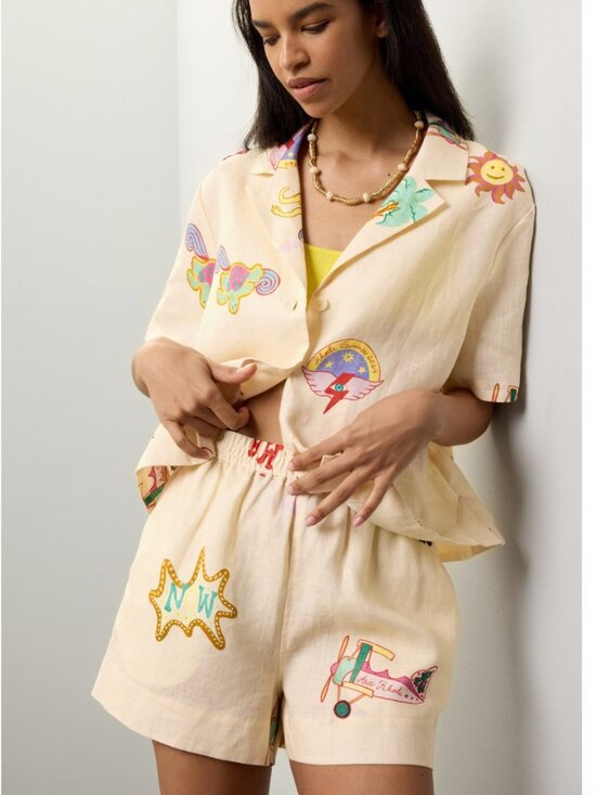 RHODE Pants - RHODE Audrina Short Light Beige Embroidered Linen